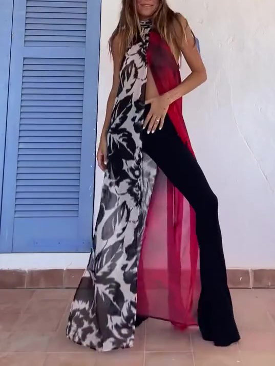 Abstract Print Halter Neck High Slit Tunic Top