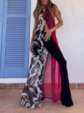 Abstract Print Halter Neck High Slit Tunic Top