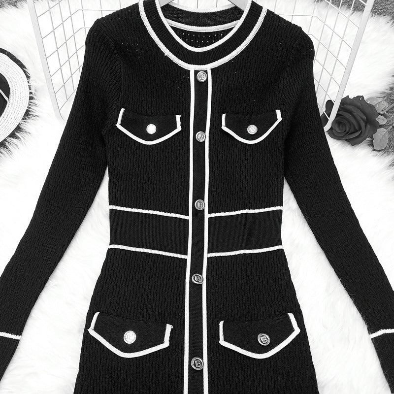 Contrast Color Four-pocket Slim Slimming Exquisite Dress