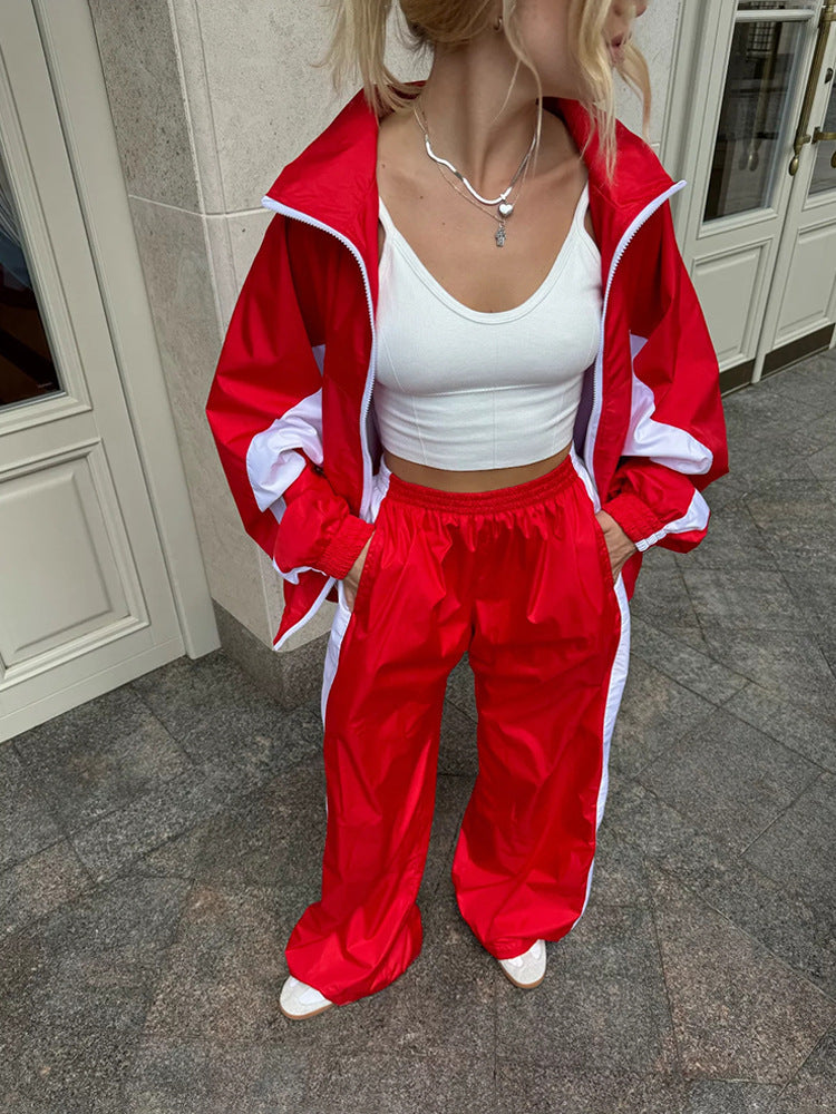 Casual Loose Color Matching Long Sleeve Zipper Cardigan Sports Suit