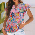 Womens Chiffon Blouse With Ruffled Sleeves And A Printed Design