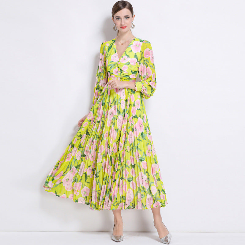 Autumn And Winter French Style Floral Slim-fitting Pleated Floral Skirt Women