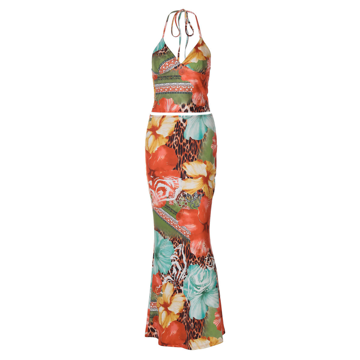 V-neck Halter Lace-up Camisole And High-waisted Midi Skirt Two-piece Set