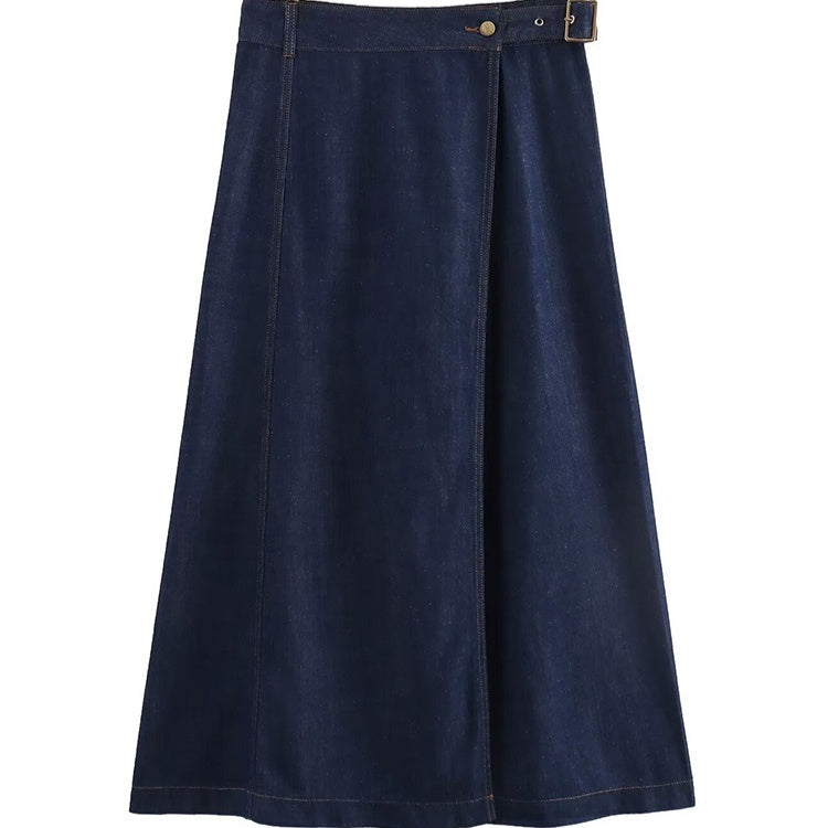 High-waist Asymmetric Slit A-line Denim Midi Skirt For Women