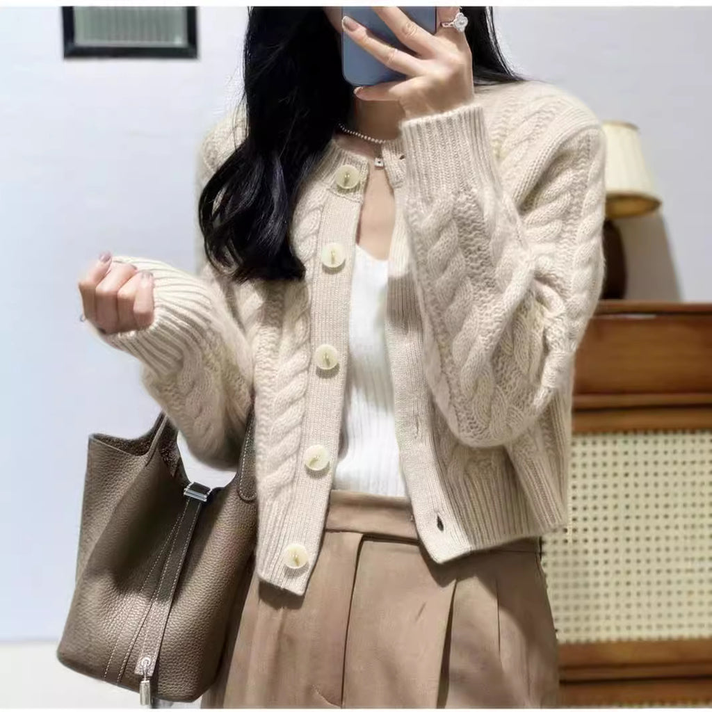 High Waist Thickened Round Neck Twist Soft Glutinous Knitted Cardigan Sweater