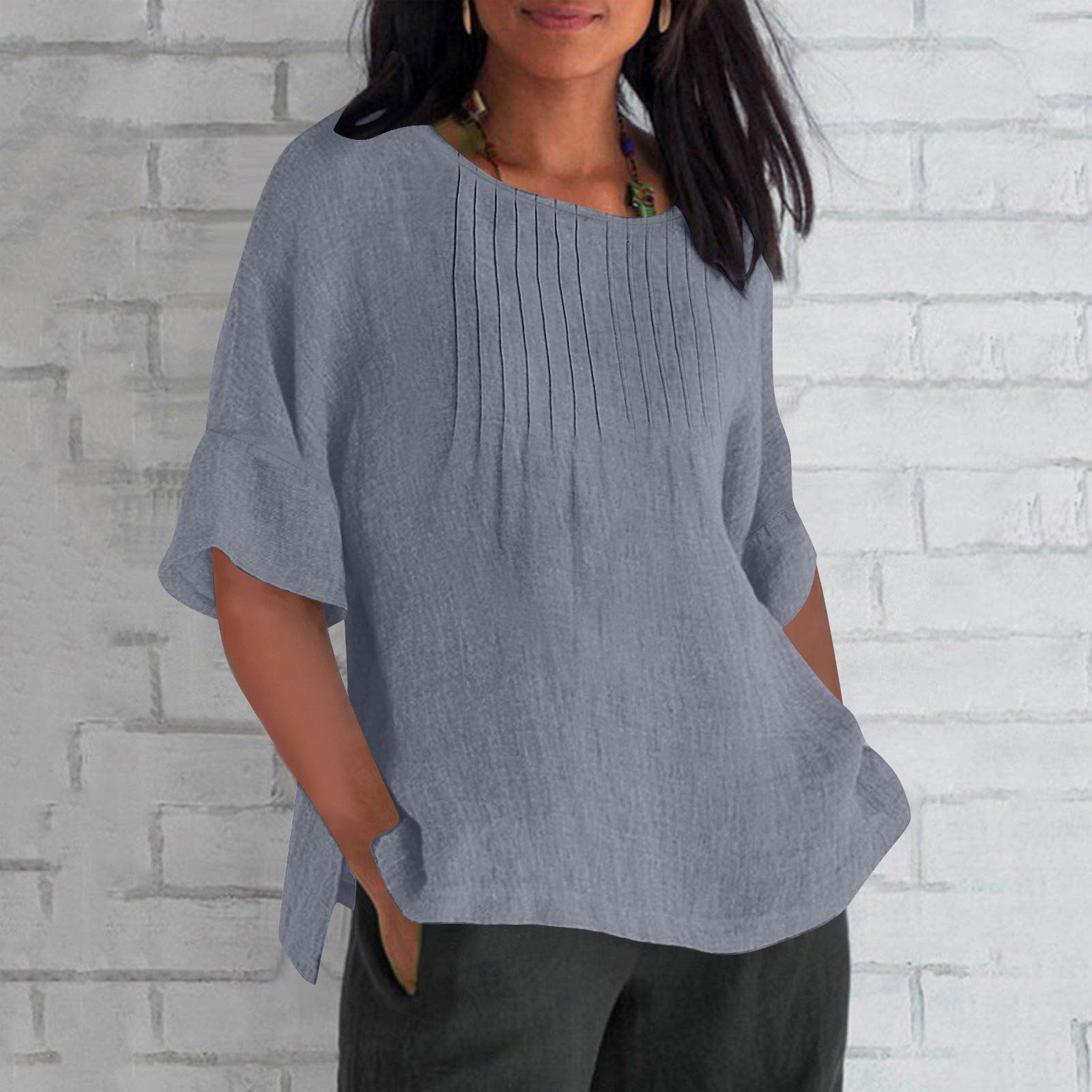 Three-quarter Sleeve Pleated Round Neck Cotton And Linen Shirt Top