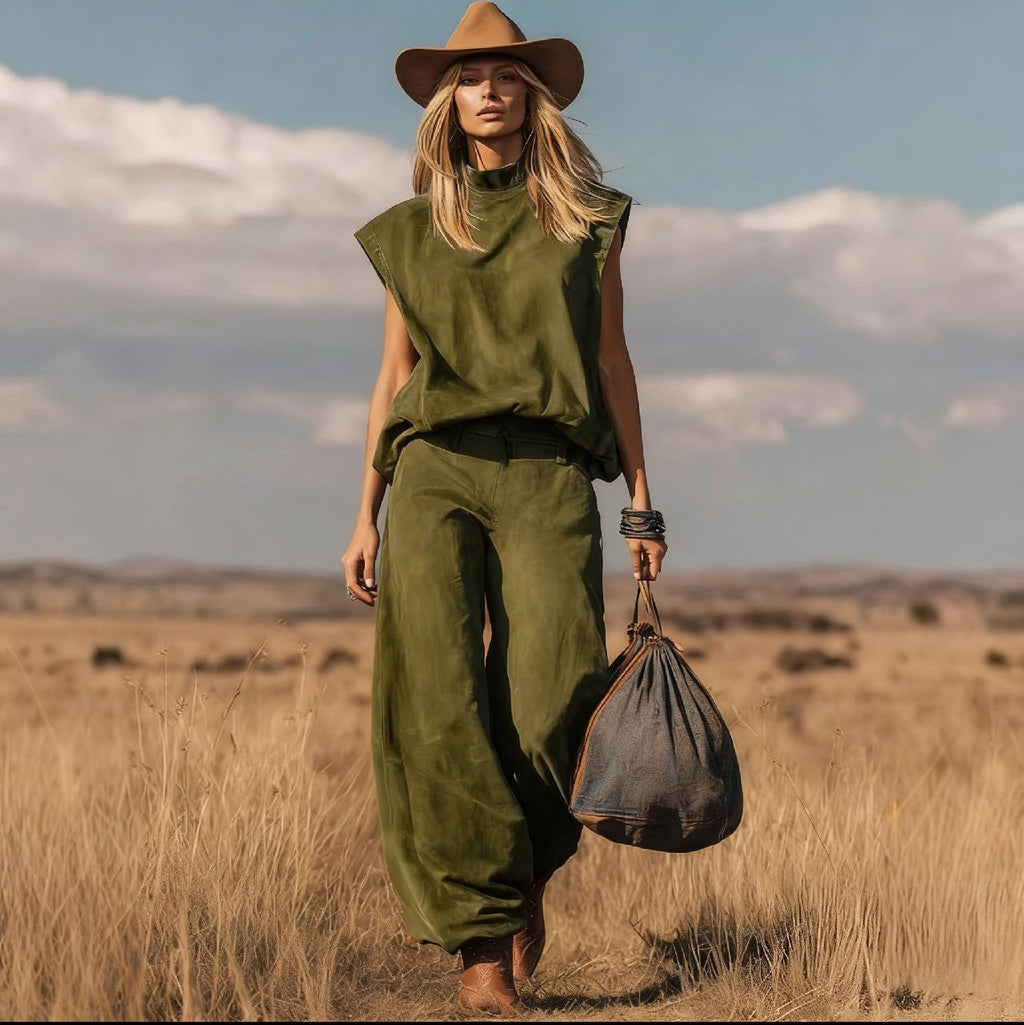 Western-style Sleeveless Wide-leg Cropped Suede Velvet Suit