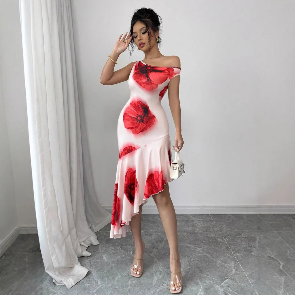 Elegant Asymmetrical Figure-flattering Dress With A Strategically Placed Hibiscus Floral Print