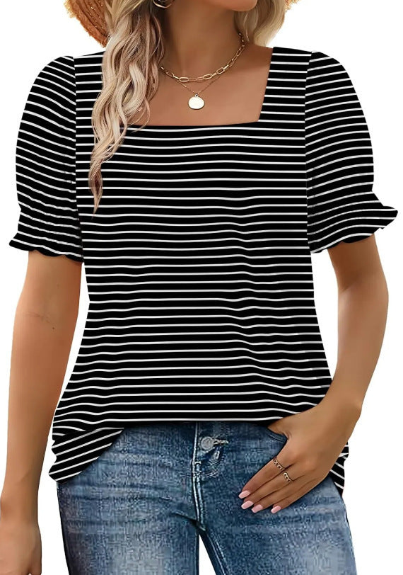 Fashion Simple U-neck Petal Sleeve Loose T-shirt