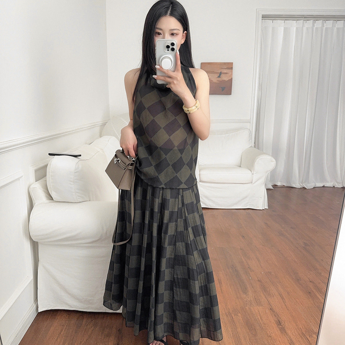 British Style Temperament Commute Style Draping Effect Plaid Sleeveless Top Rhombus Plaid Halter