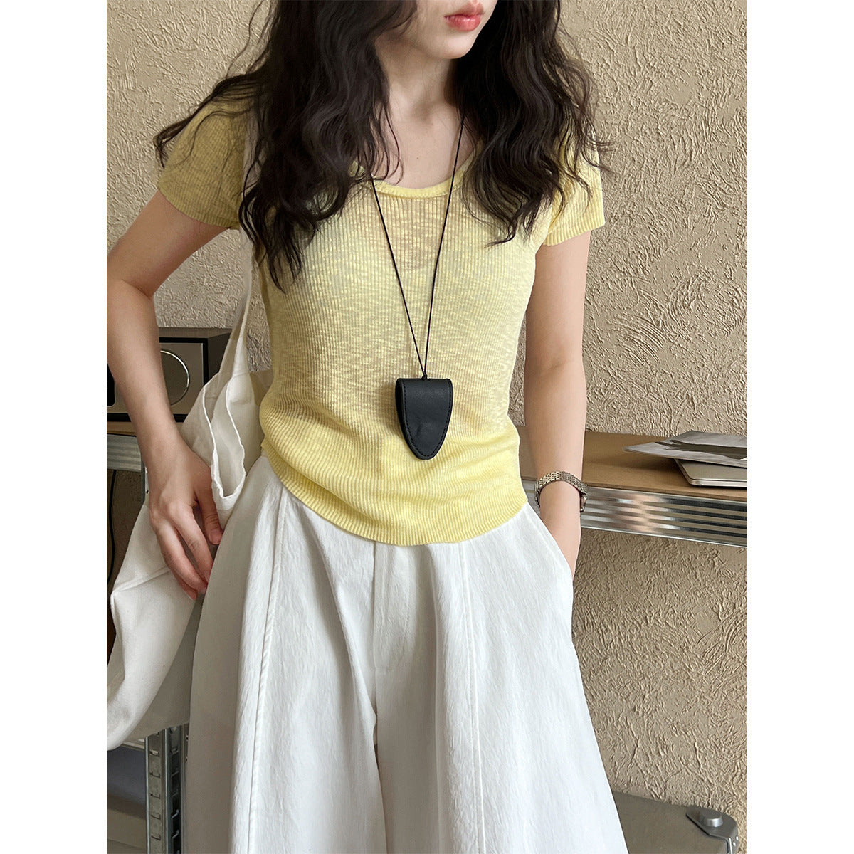 U-neck Shoulder Short Sleeved Women's Summer New Style Waist Cinching Slimming T-shirt