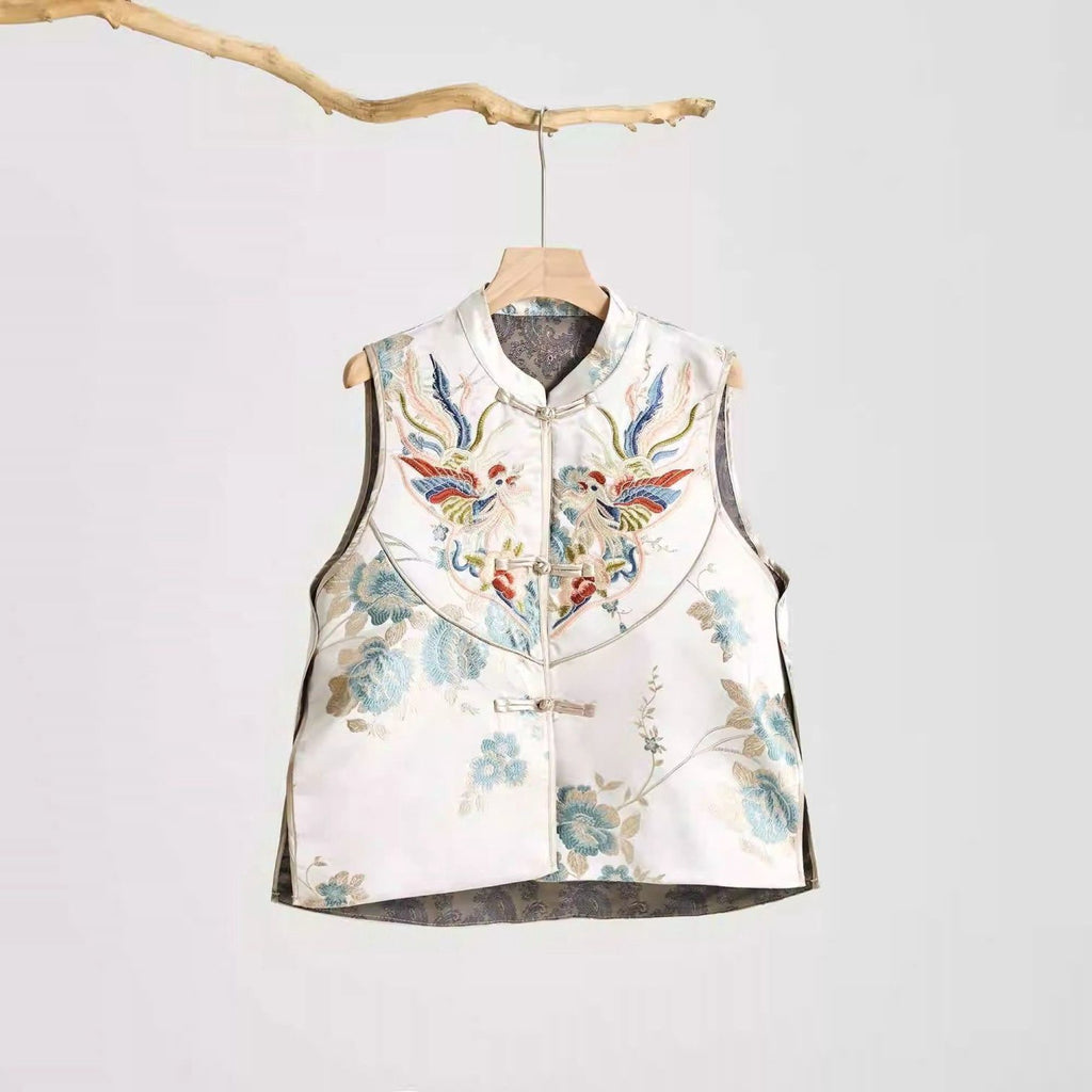 Split Stand Collar Machine Embroidery New Chinese Jacquard National Style Retro Buckle Vest For Women