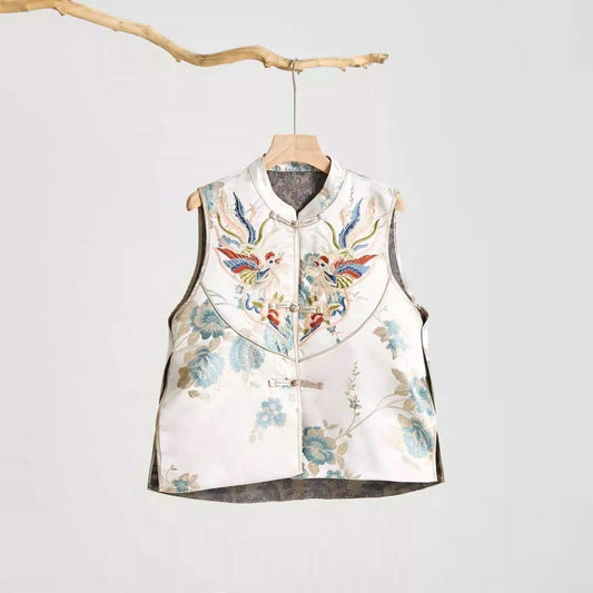 Split Stand Collar Machine Embroidery New Chinese Jacquard National Style Retro Buckle Vest For Women