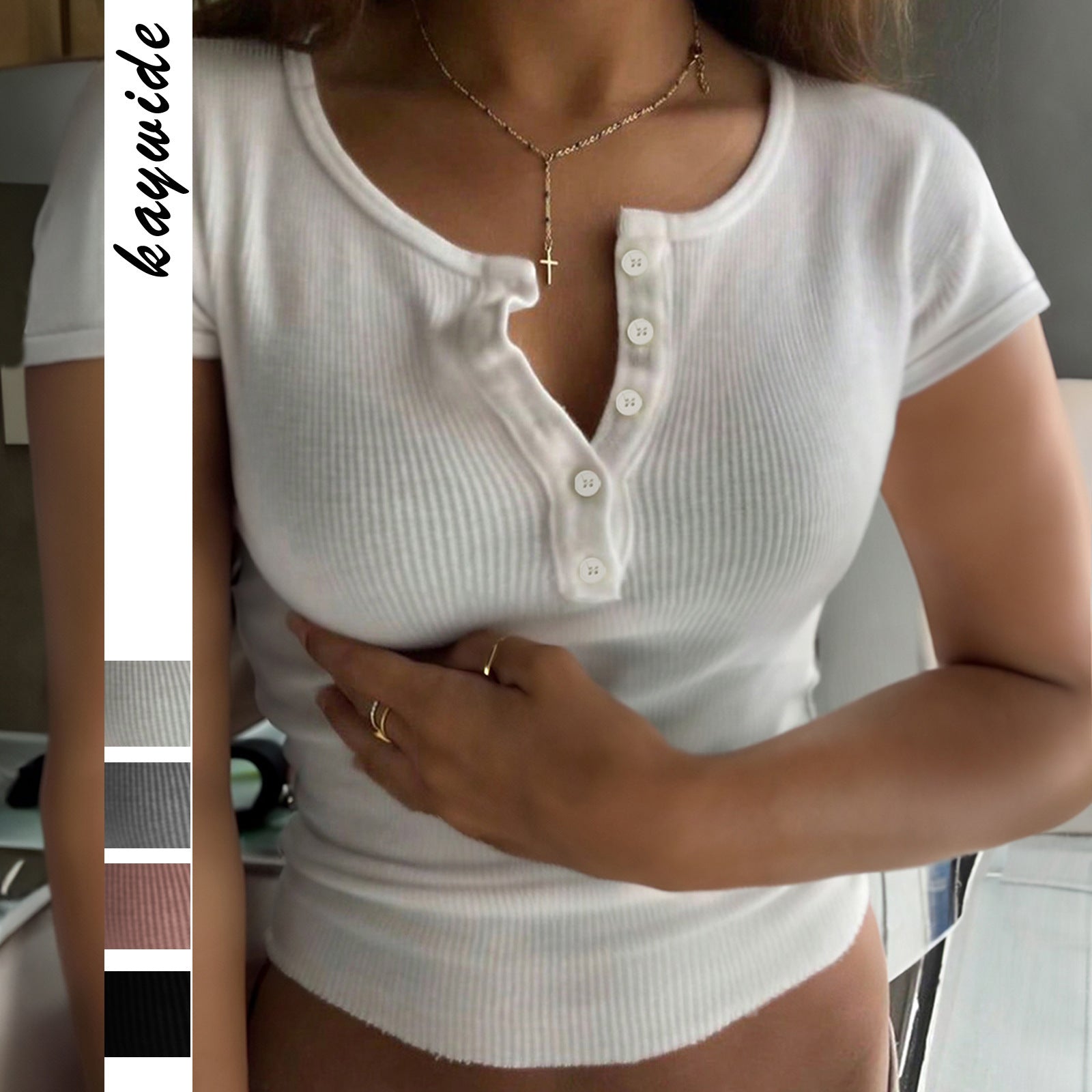 Y2g Sexy Buttons V-neck Short-sleeved Top T-shirt
