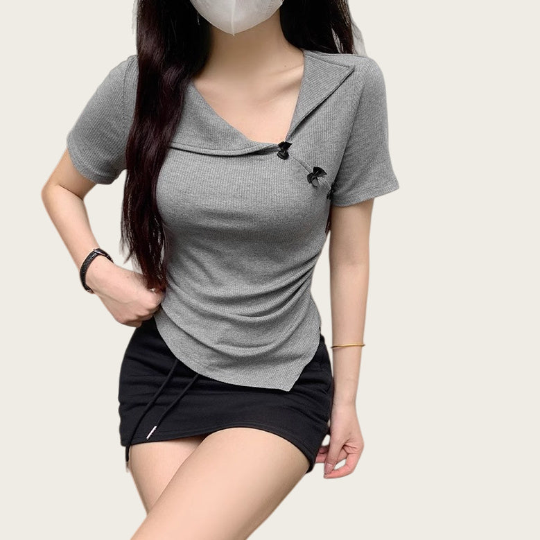 Turn-down Collar Short-sleeve Bow Pleated Waist-cinching Slim-fit T-shirt Top