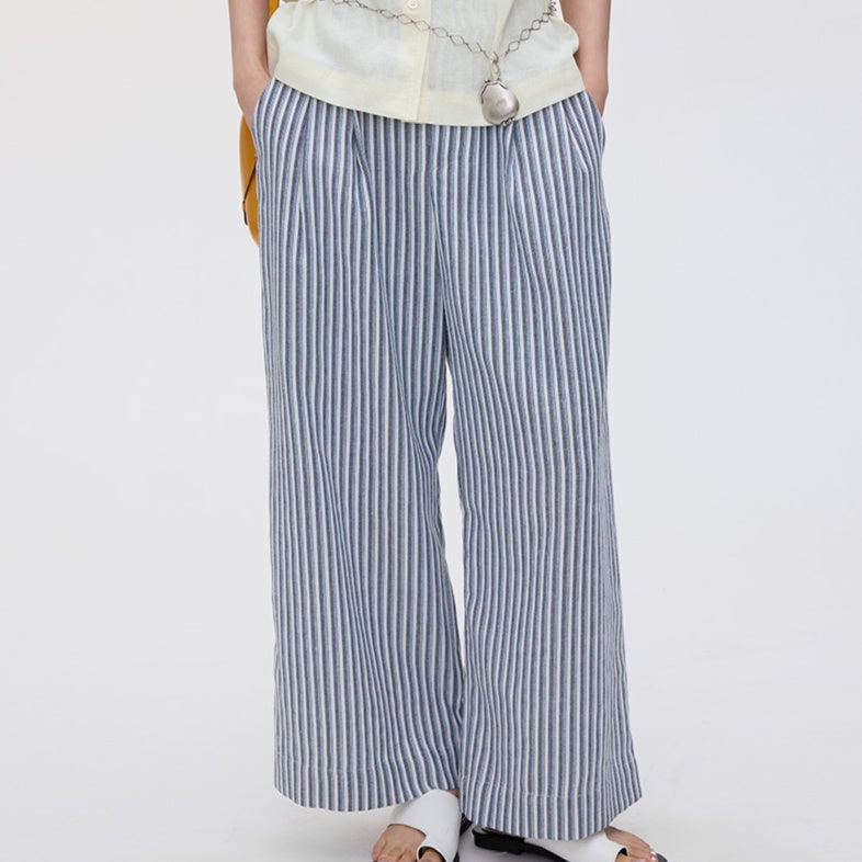 Striped Cotton And Linen Wide-leg Pants High Waist