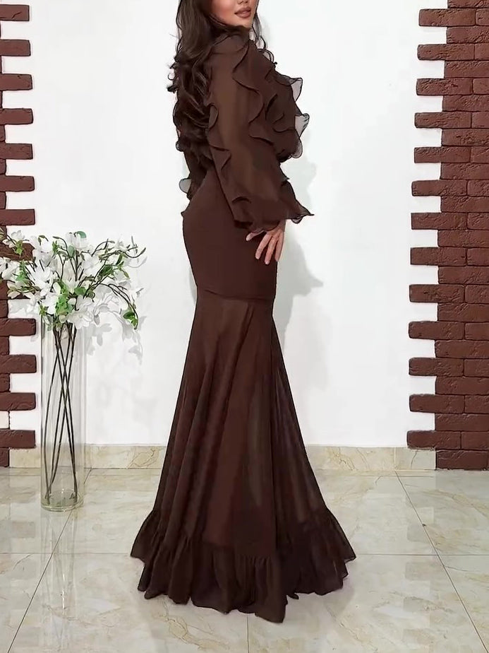 Dark Brown Ruffled Chiffon Blouse & Sheer Mermaid Maxi Skirt 2-Piece Set