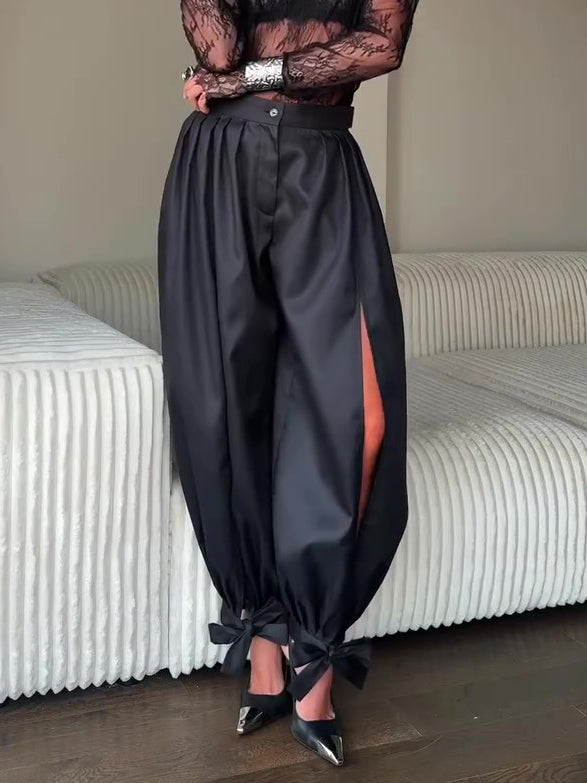 Black  Slit Bow-Tie Ankle Wide Leg Pants