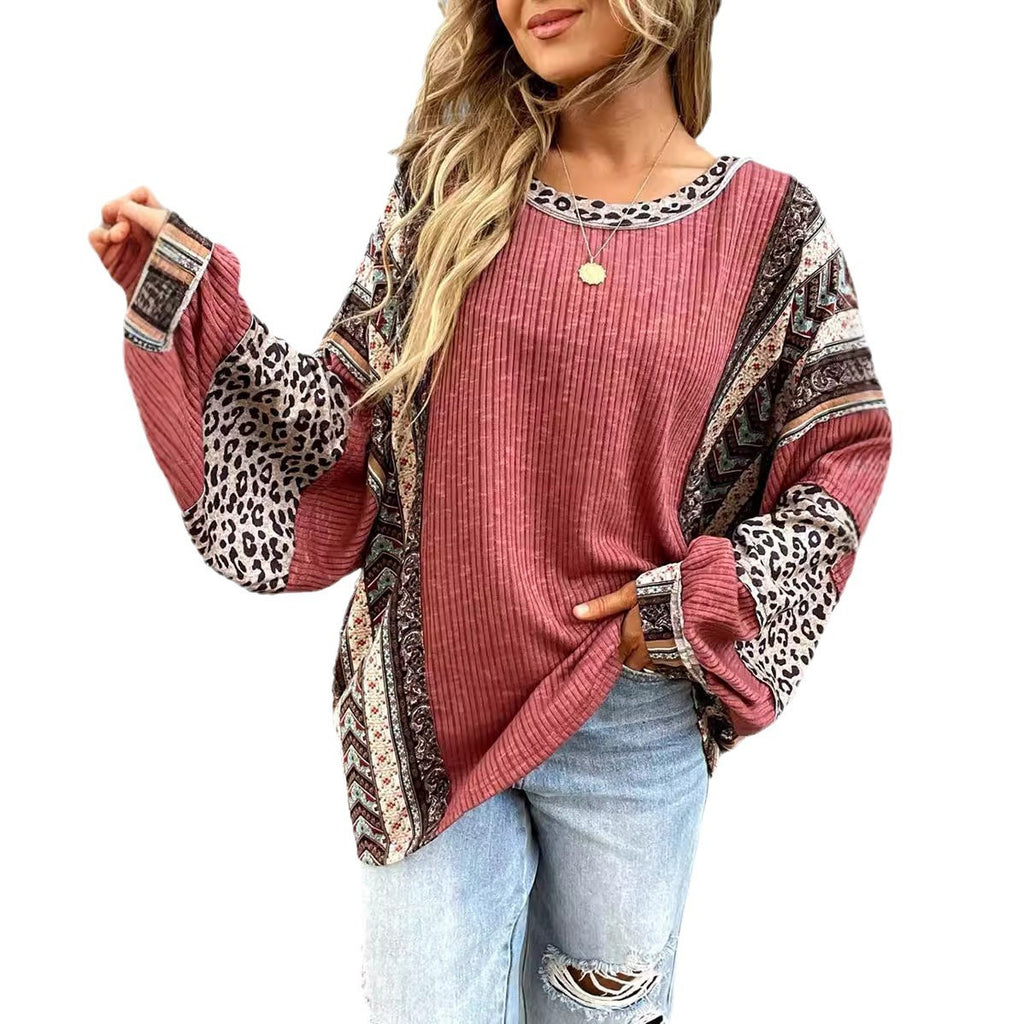 Women's Casual Shirt Contrast Color Striped Round Neck Sleeve Loose Sweater
