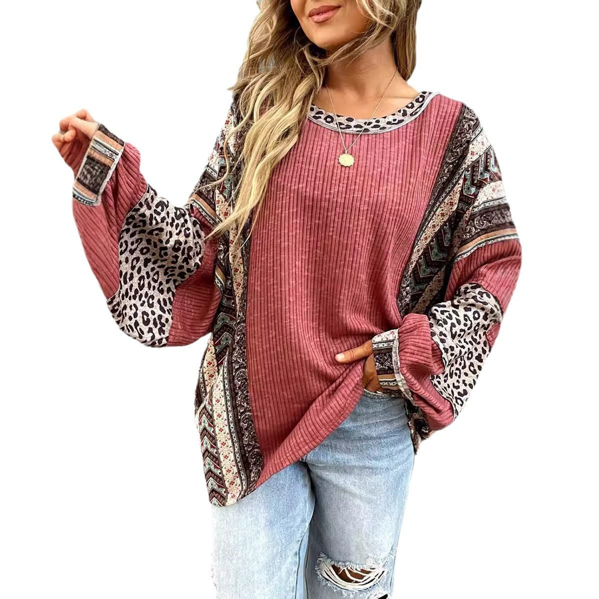Women's Casual Shirt Contrast Color Striped Round Neck Sleeve Loose Sweater