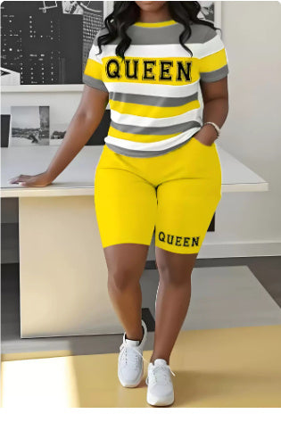 European And American T-shirt Striped Letters 3D Printed Shorts Suit