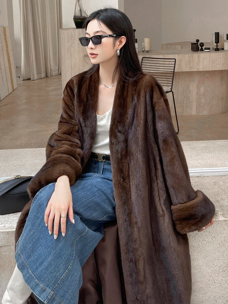 Vintage Mink Coat  Caramel Color V-neck Elongated Style Women's