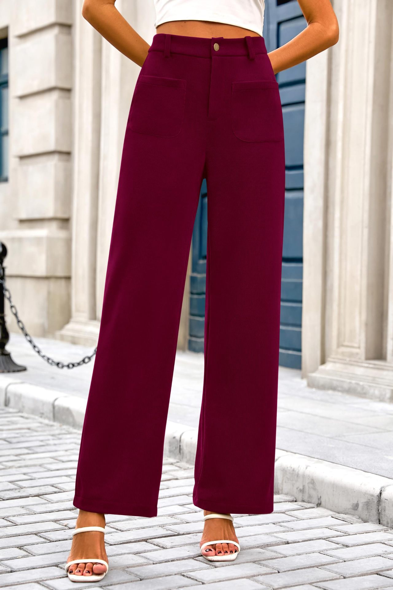 Stretch High Waist Button Wide Leg Pants