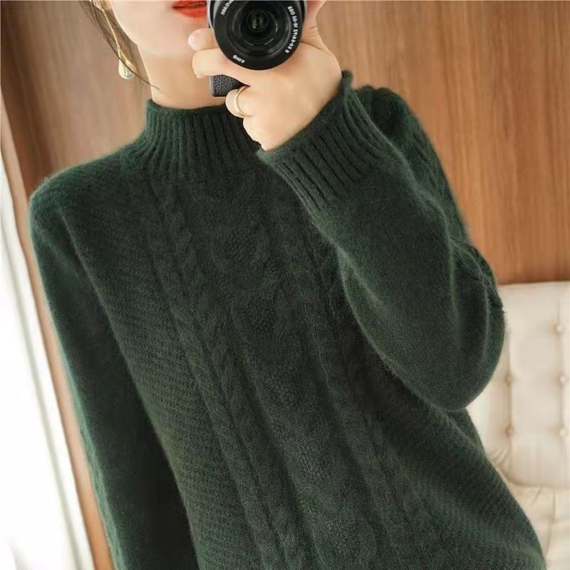 Womens Half-Turtleneck Sweater With Cable Knit And Thickened Design