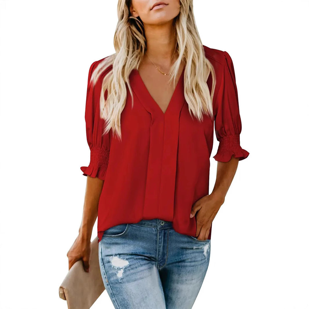 V-neck Short Sleeve Loose Comfortable Fashion Summer Solid Color Small Shirt European And American Style