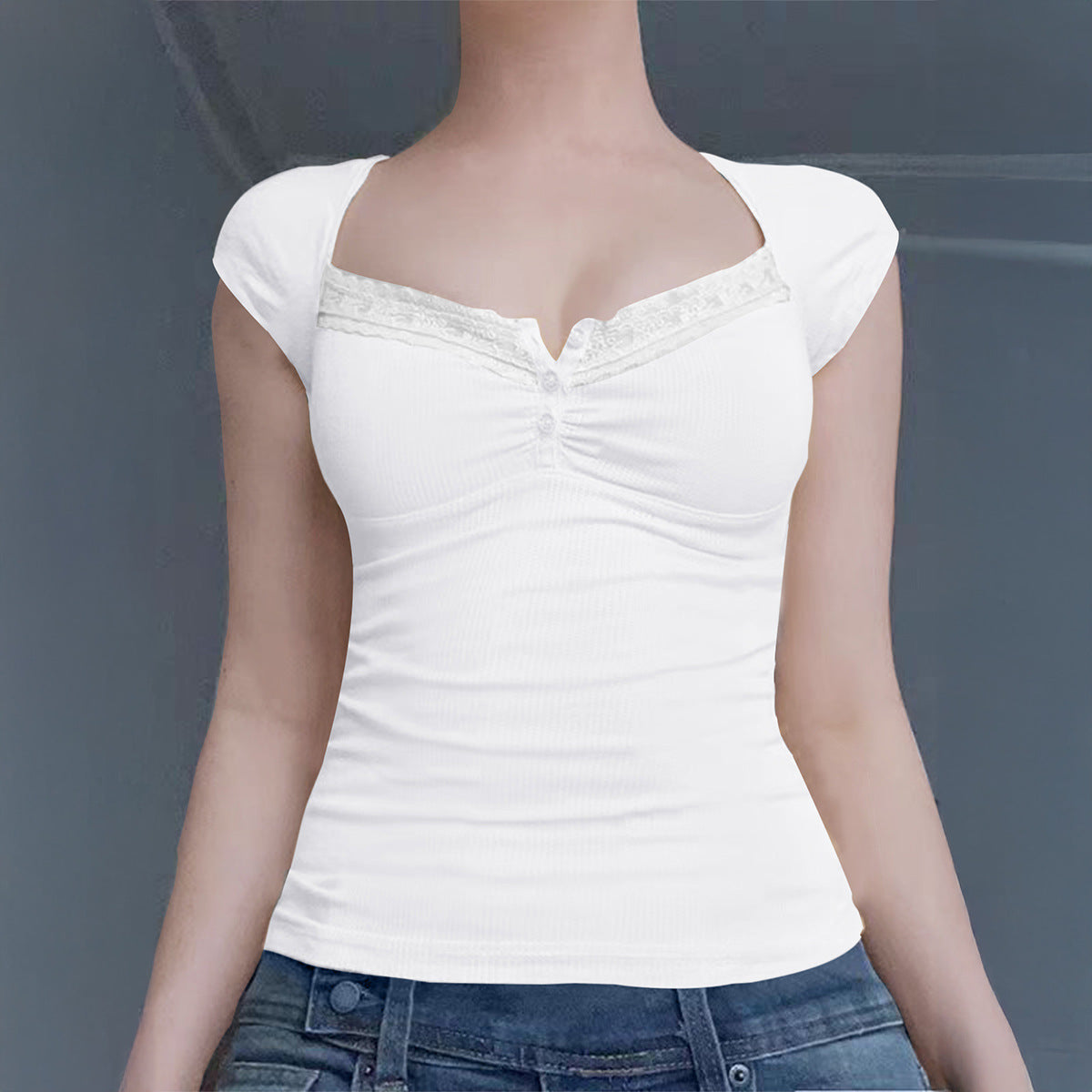 Y2g Lace Stitching Square Collar Knitted T-shirt Sweet Hot Girl Slim Short-sleeved Tops