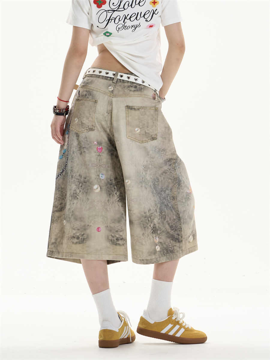 Creative Women's Straight Loose Printed Wide-leg Cropped Jeans