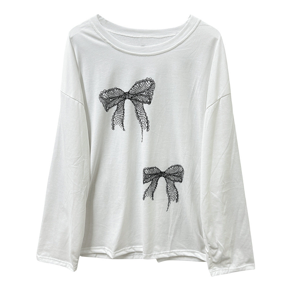 Bow Print Long-sleeved T-shirt Women's Thin Loose Top
