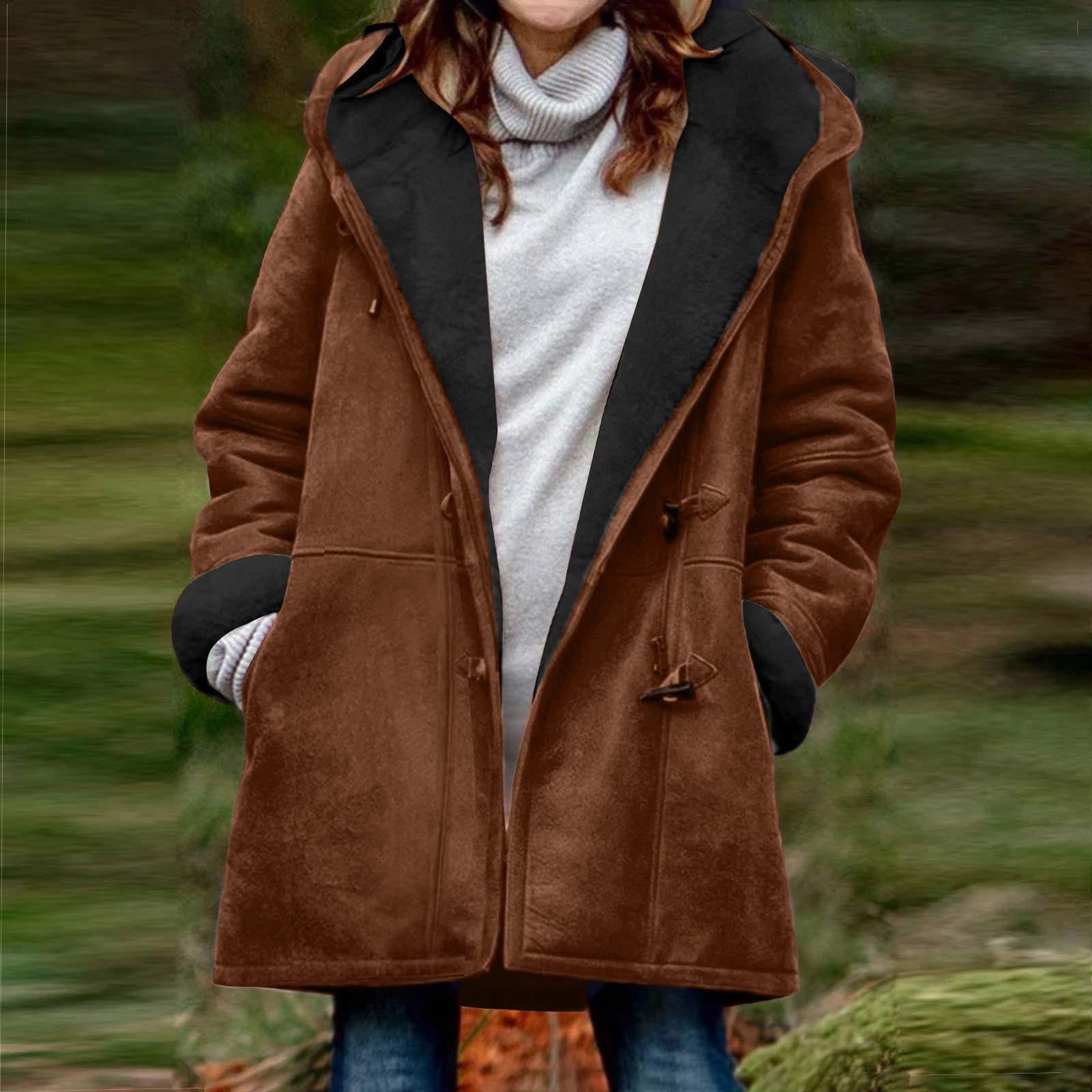 Suede Coat With Horn Buttons Fleece-lined For Warmth And Featuring Pockets