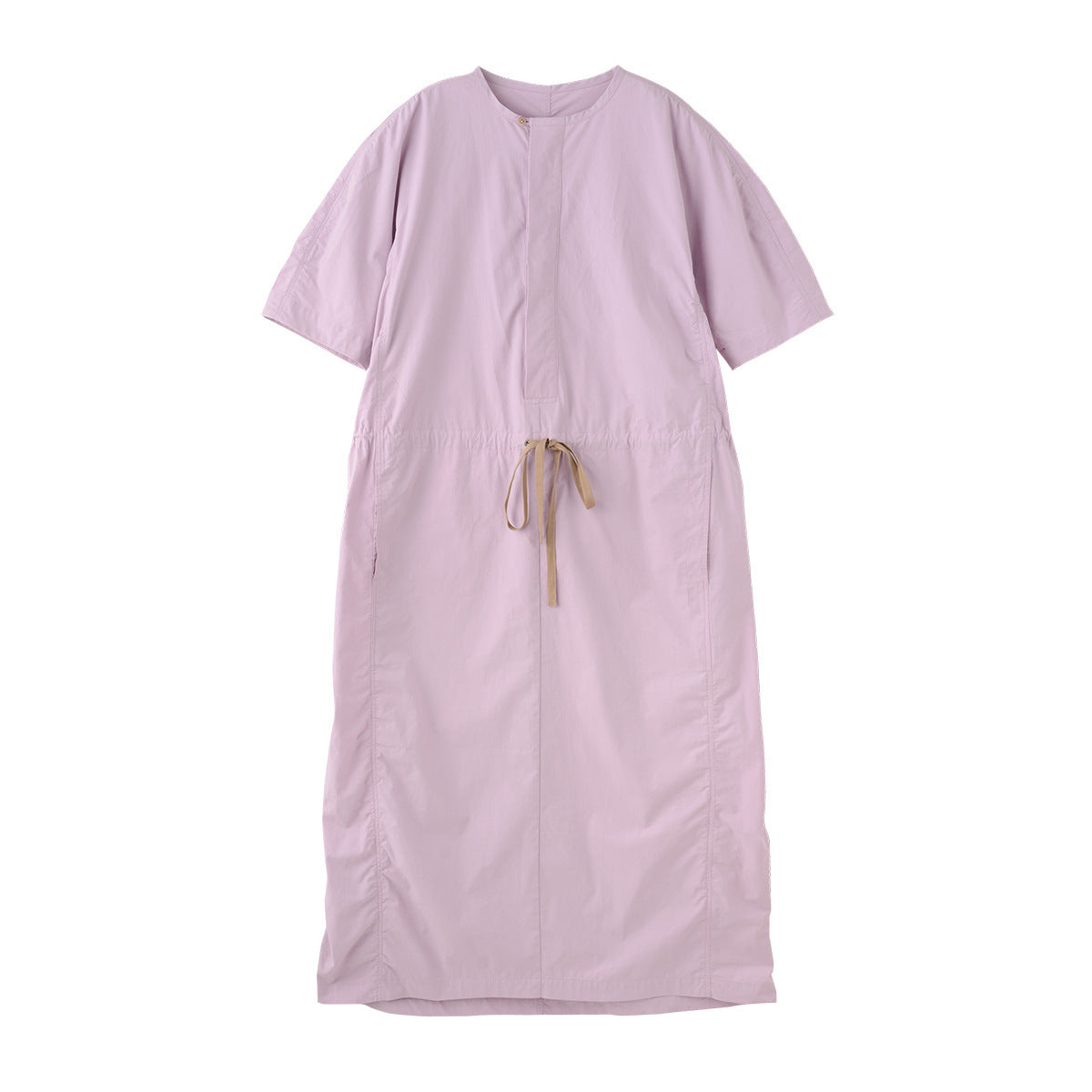 French Parachute Drawstring Waist Dress Round Neck