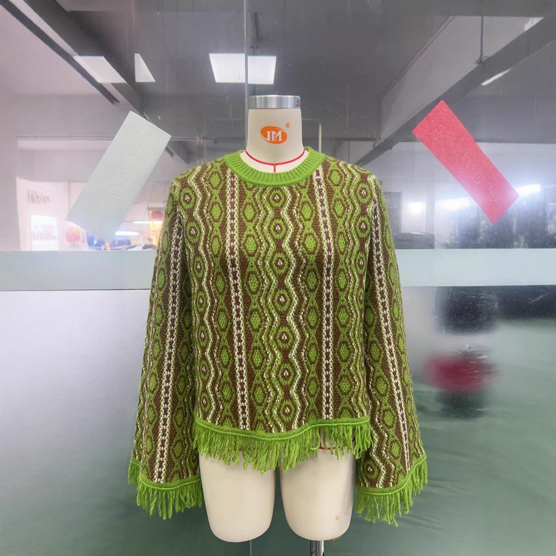 Contrast-color Jacquard Fringe Casual Round-neck Sweater