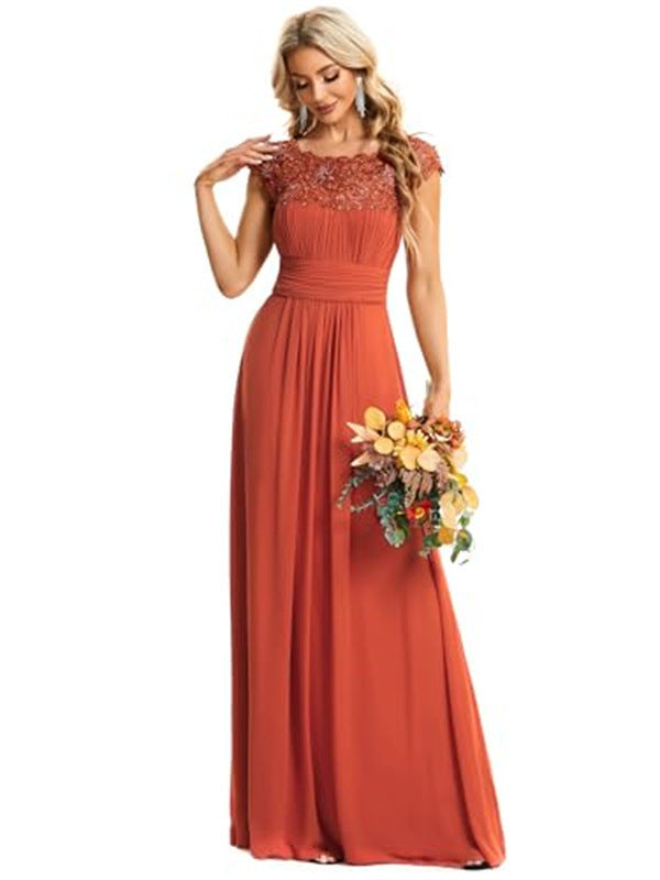 Bridesmaid Dress Women's Cover Sleeve Chiffon Pleated Lace Dress
