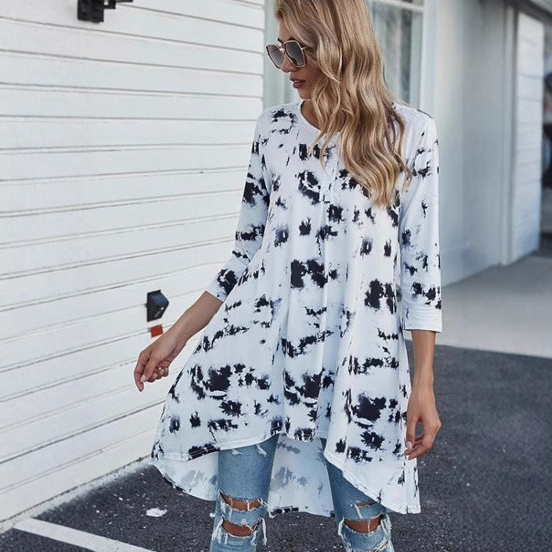 Women's New Casual Round Neck Printed Long Sleeve Mid-length Top