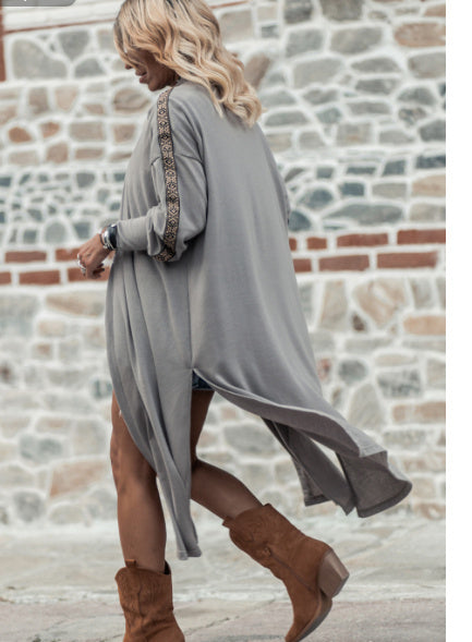 Medium Grey Aztec Accent Side Slit Open Front Long Cardigan