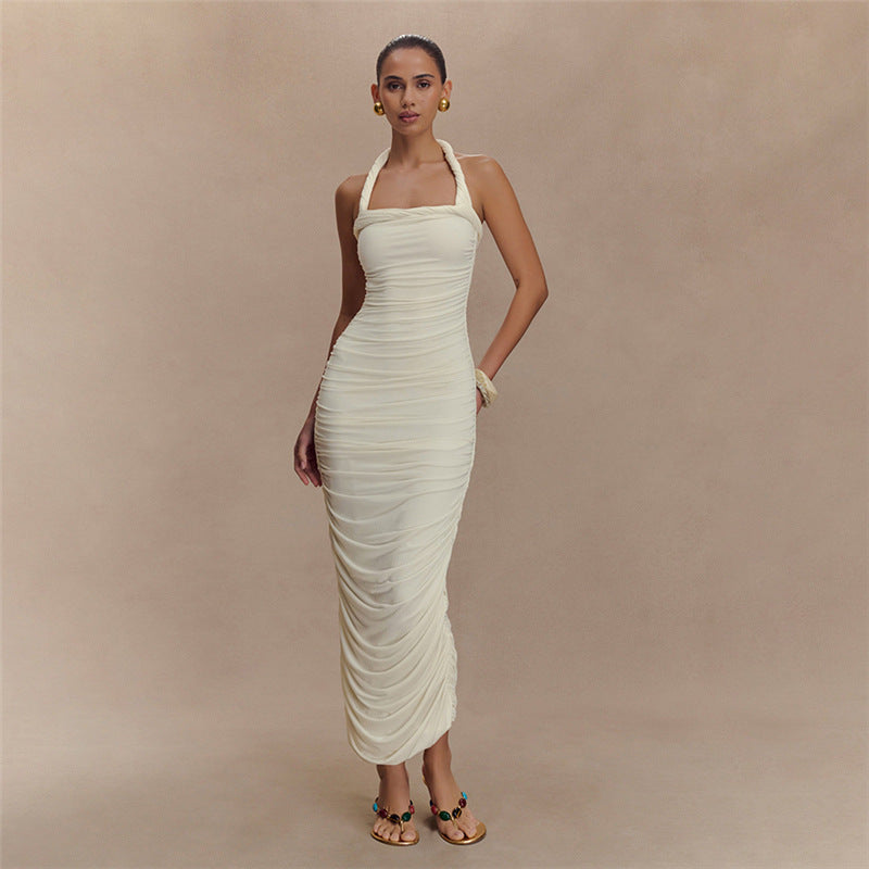 European And American Adult Lady Like Woman French Sexy Pleated Suspender Sleeveless Backless Sheath Dress