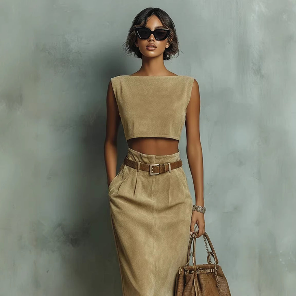 Fashionable Faux Suede Velour Set Vest And Pants