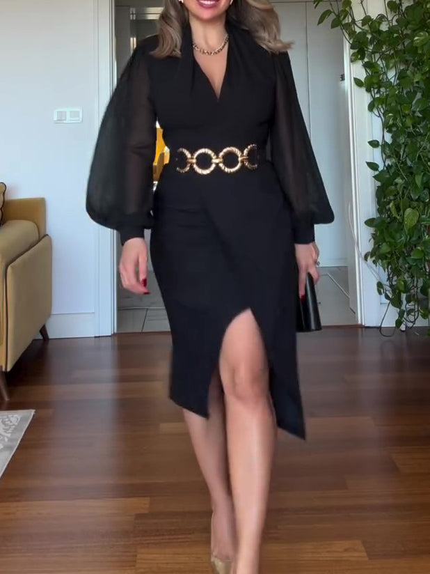 Black V-Neck Chiffon Lantern Sleeve Waist-Cinched Split Midi Dress