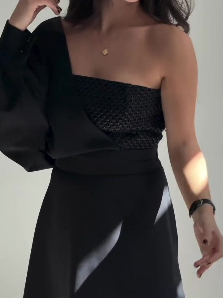 Black Two-Piece Set With Textured Strapless Top And Flared Mini Skirt