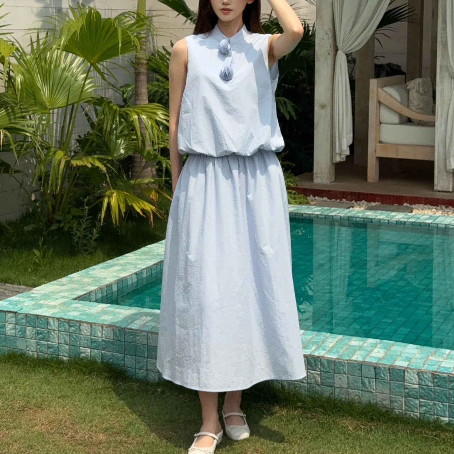 Women's Blue Cotton Blended Stand Collar Sleeveless Bud Vest