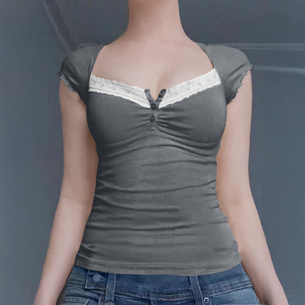 Y2g Lace Stitching Square Collar Knitted T-shirt Sweet Hot Girl Slim Short-sleeved Tops