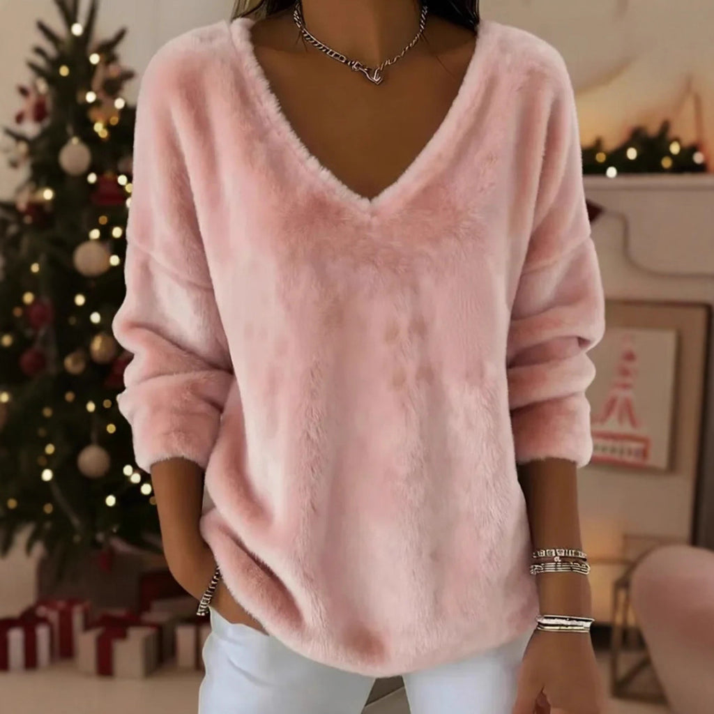 Plush Pullover With A Drop-shoulder V-neck And Long Sleeves