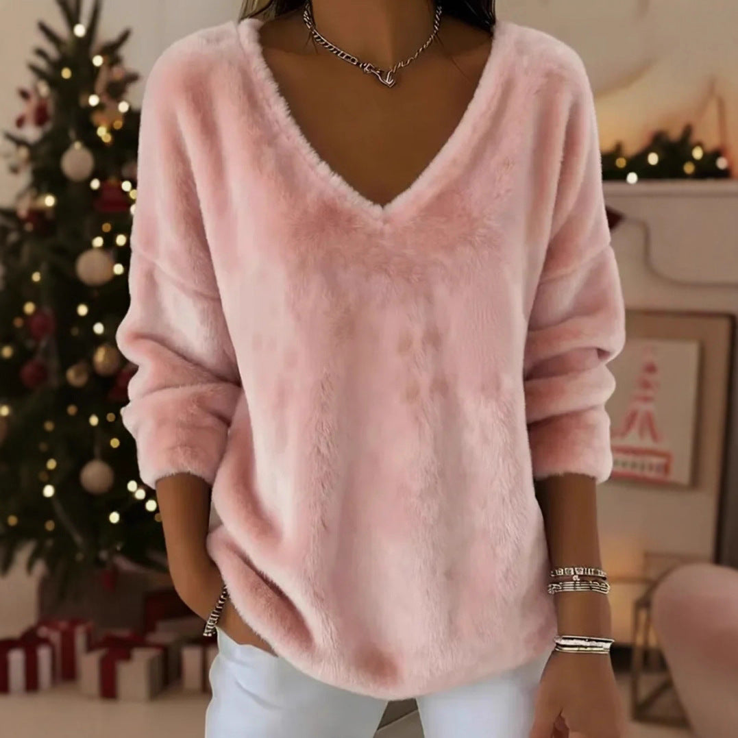 Plush Pullover With A Drop-shoulder V-neck And Long Sleeves