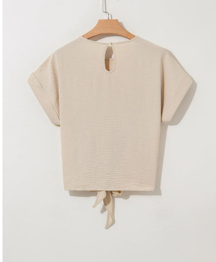 Parchment Solid Color Knotted Hem Short Sleeve Blouse
