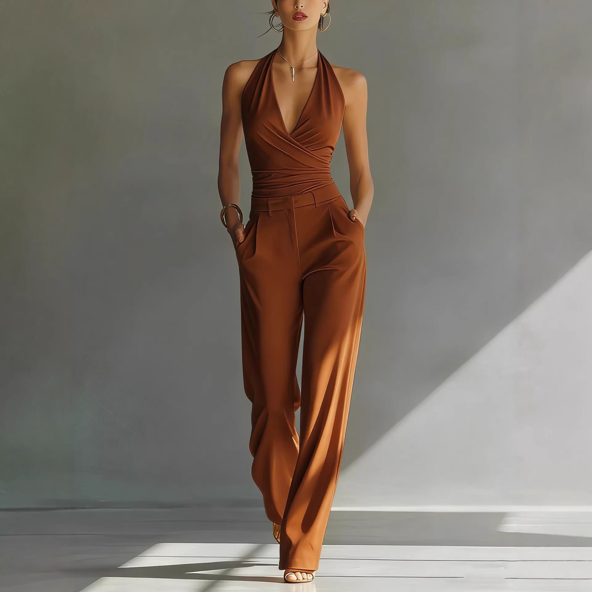Halter Top And High-waisted Wide-leg Pants Casual Set