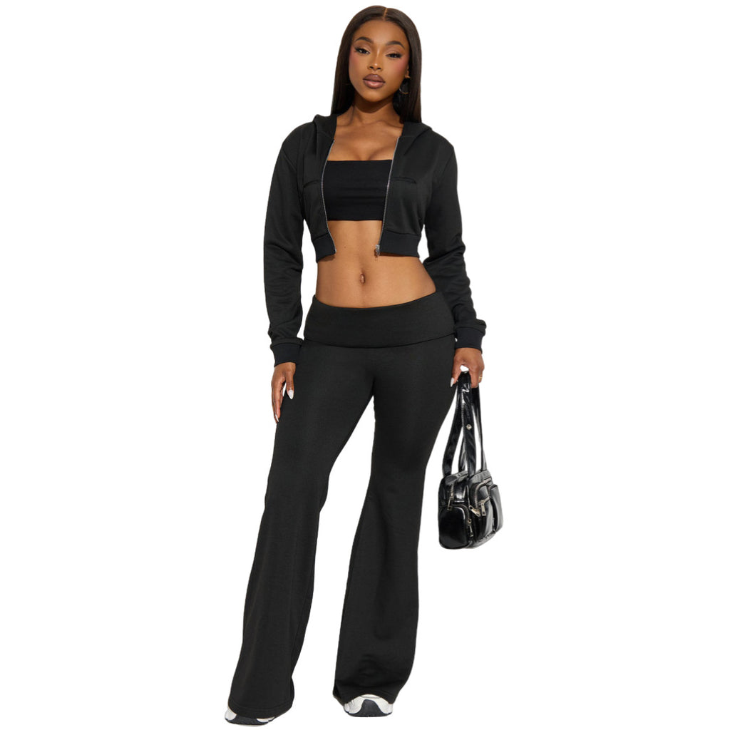 Stylish Casual Solid-color Two-piece Hoodie Cardigan Set