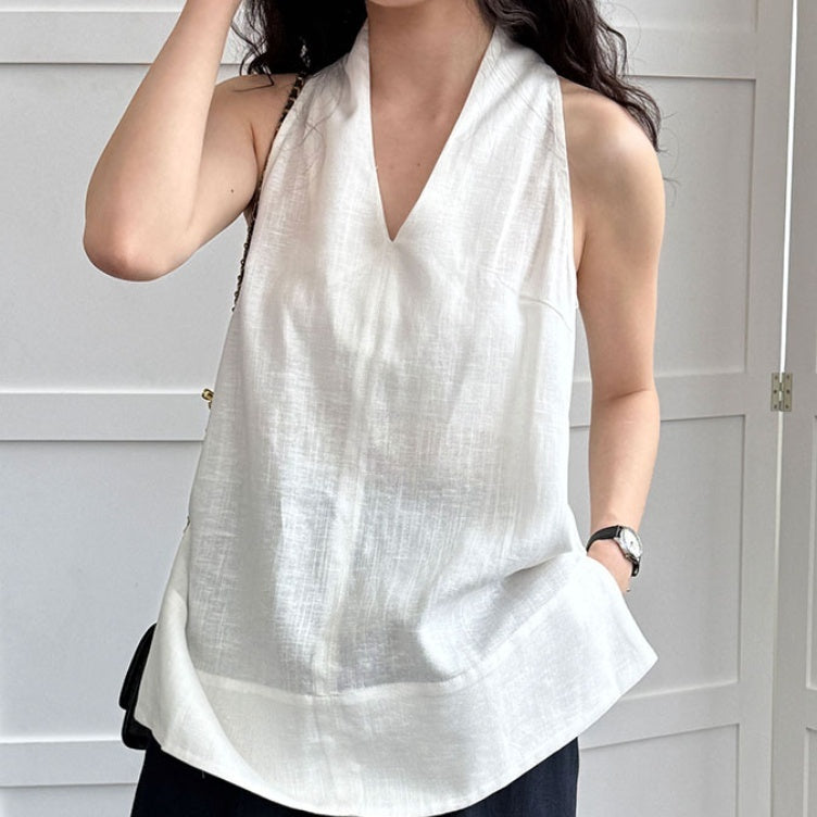 French Linen V-neck Halter Vest For Women